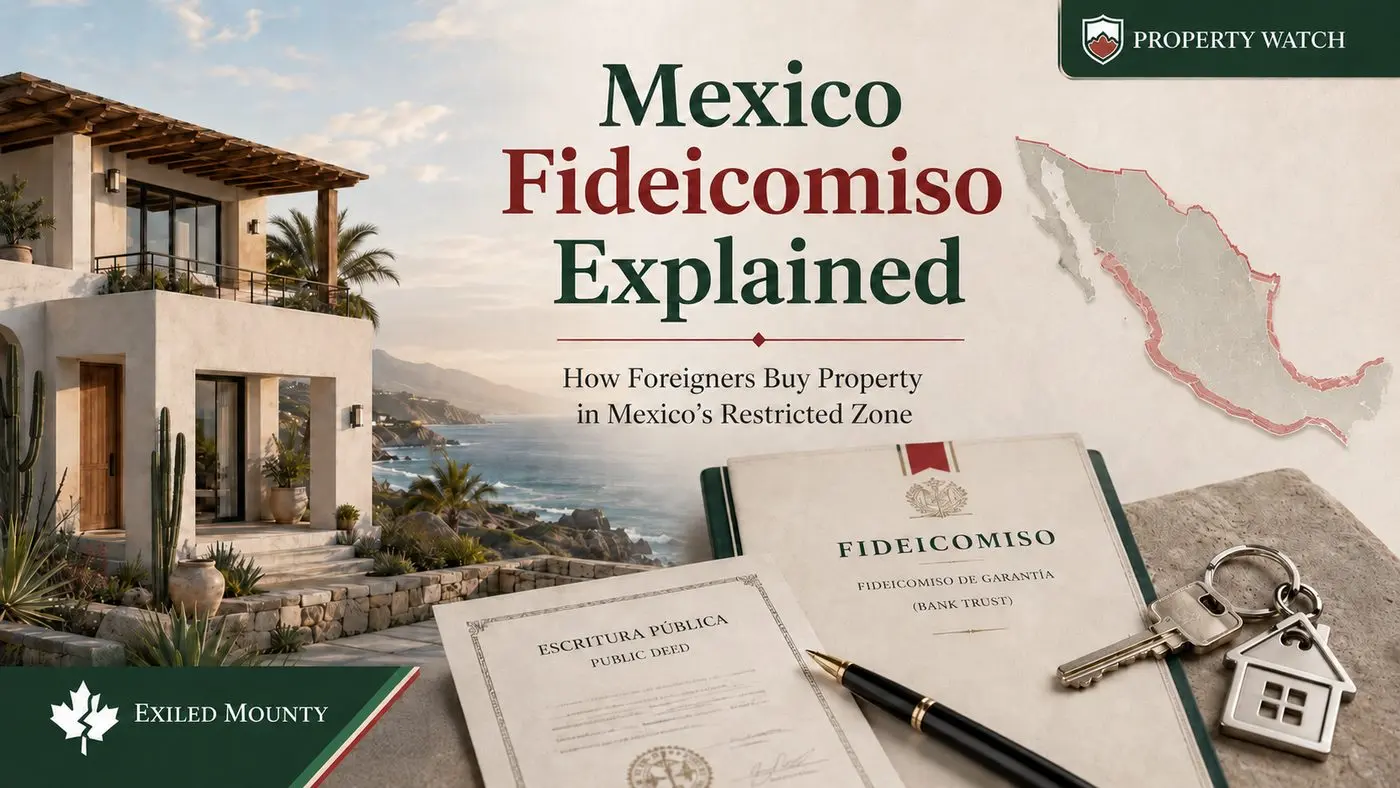 Mexico Fideicomiso Explained graphic with coastal property, deed, bank trust folder, keys, and restricted zone map