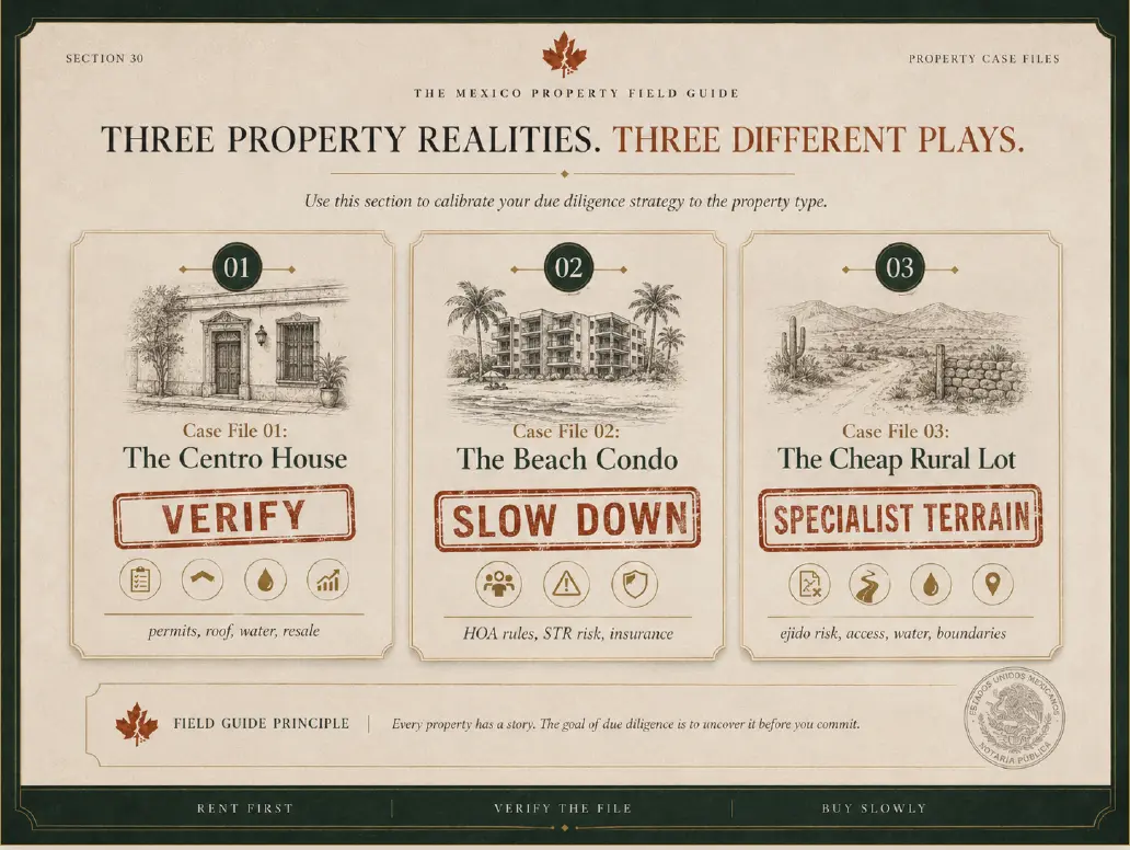 Three Mexico property realities: centro house, beach condo, and rural acreage