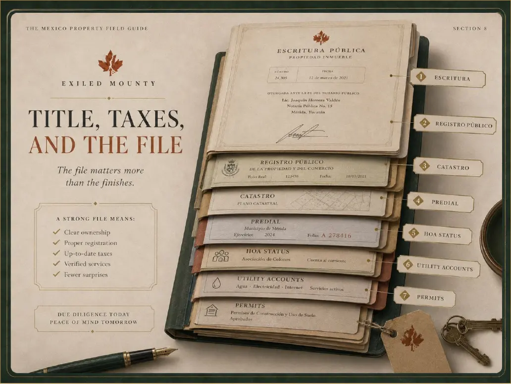 Title, taxes, and property file page from the field guide