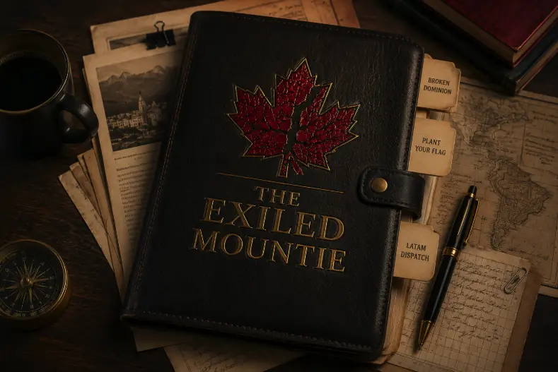 The Exiled Mountie field notebook on a research desk with tabs for The Broken Dominion, Plant Your Flag, and LATAM Dispatch