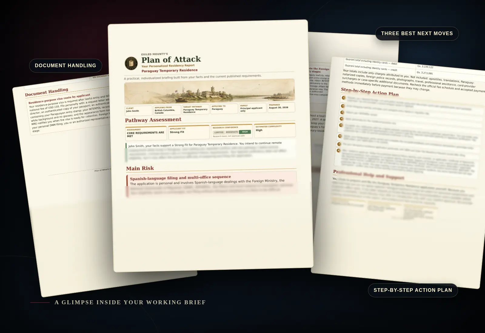 Composed glimpse of a fictional personalized Plan of Attack report, with the pathway assessment prominent and selected working pages partially revealed