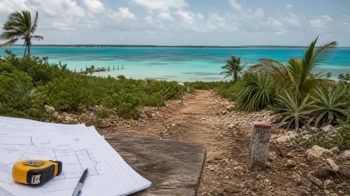 Belize coastal property access road with survey documents and boundary marker