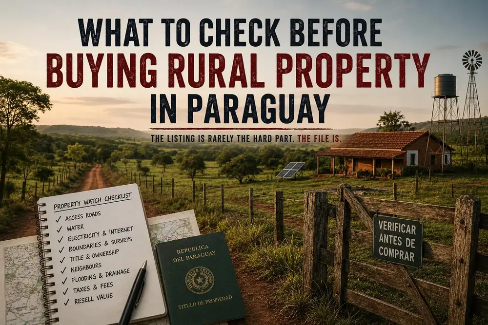 Rural Paraguay property with access road, utilities, boundary fencing, and a buyer checklist
