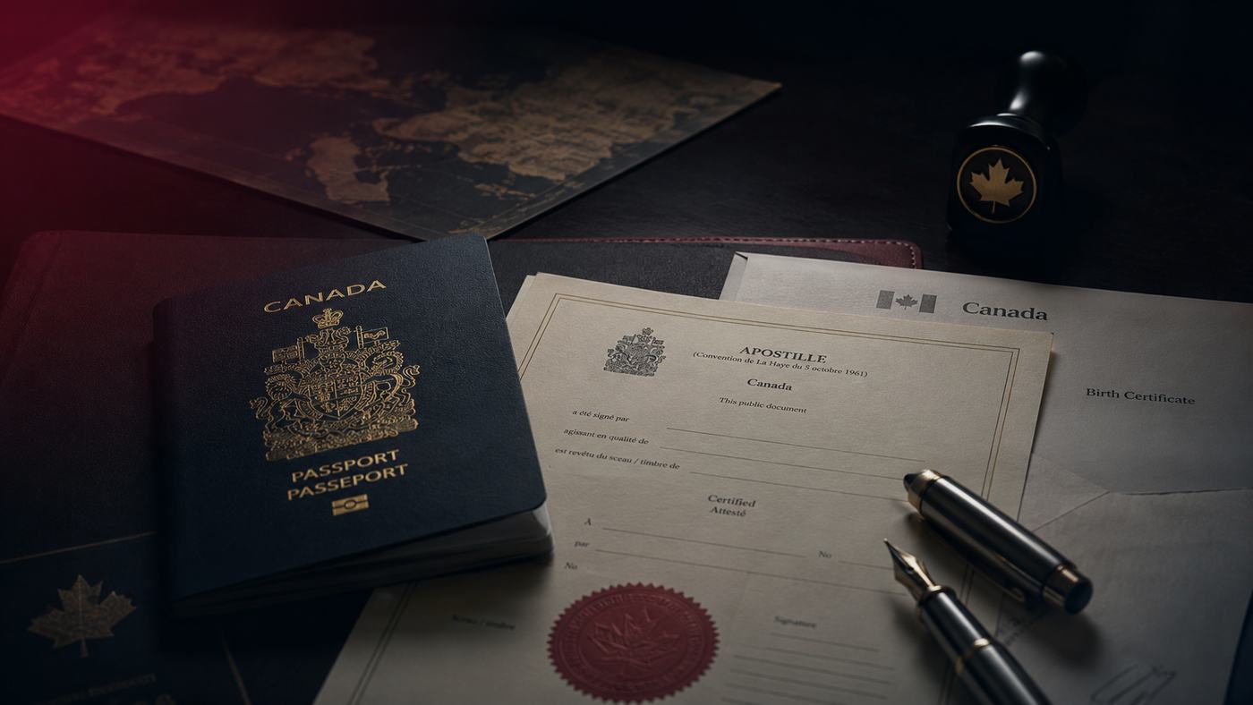 Canadian passport, apostille paperwork, and residency documents on a desk