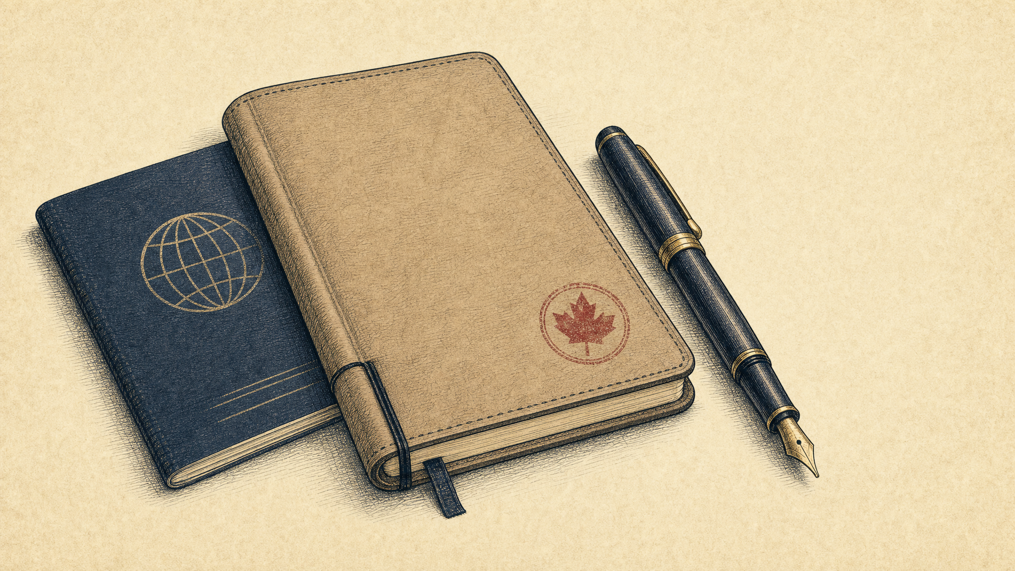 Field note illustration with maple leaf, notebook, and exit-planning documents