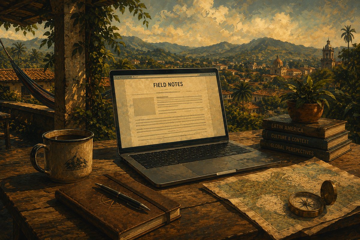 A Field Notes writing desk with a laptop, notebook, maps, books, and a Latin American view beyond the window