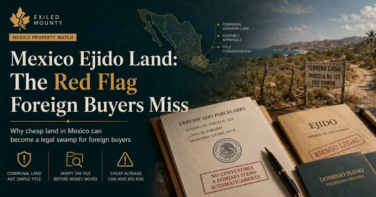 Mexico Property Watch illustration showing ejido land documents, communal land warnings, and coastal rural land