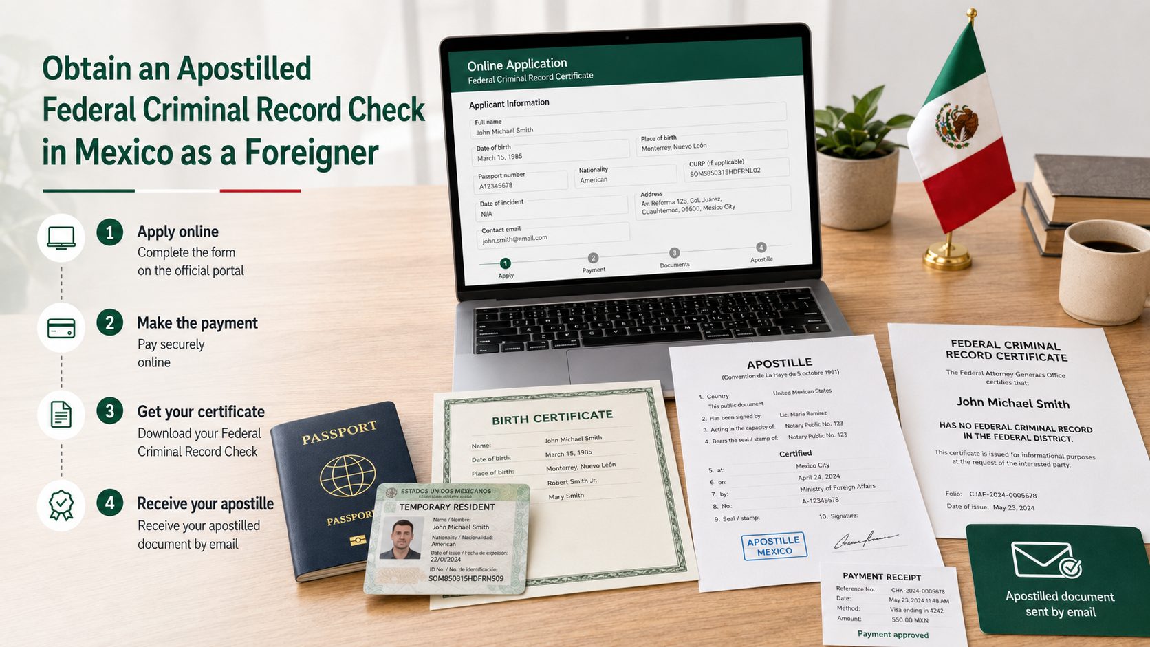 Desk with Mexican residency paperwork, a passport, a laptop, and apostille documents for a federal criminal record certificate