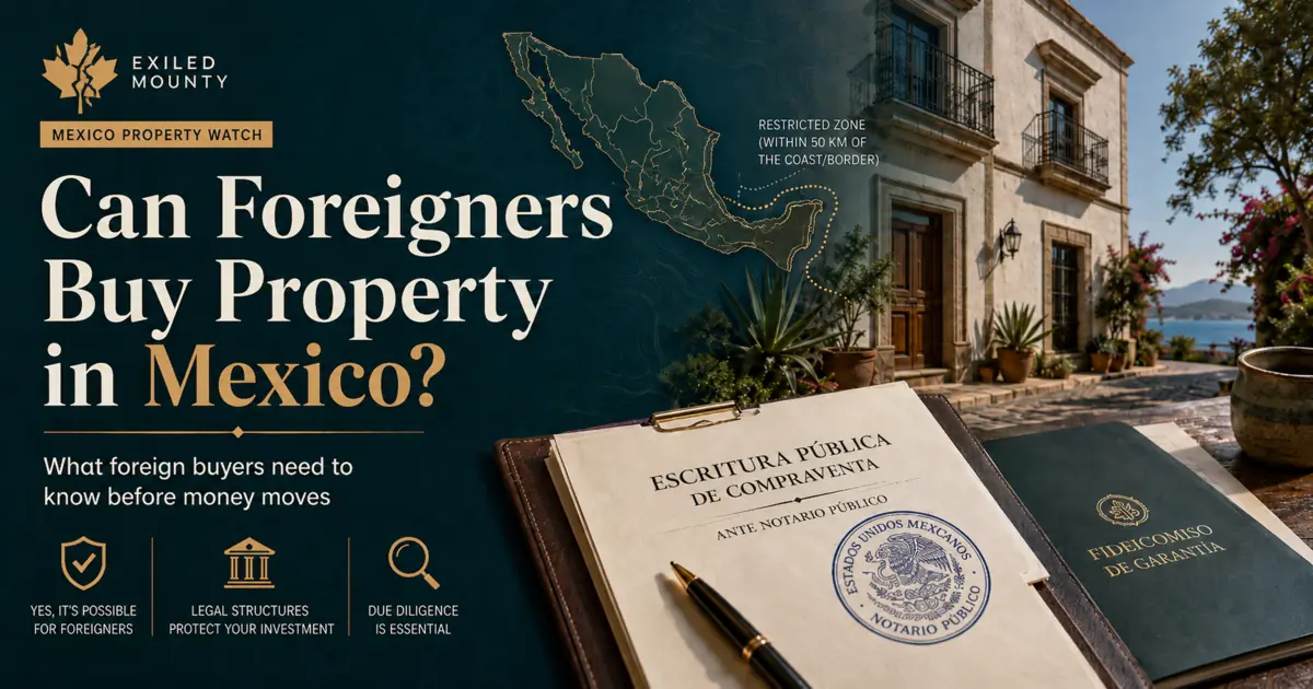 Mexico Property Watch illustration showing a Mexican property deed, fideicomiso folder, restricted zone map, and colonial home