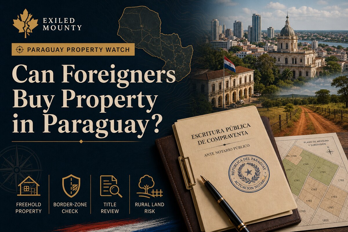Paraguay Property Watch graphic with Asuncion, rural land, deed documents, and cadastral map