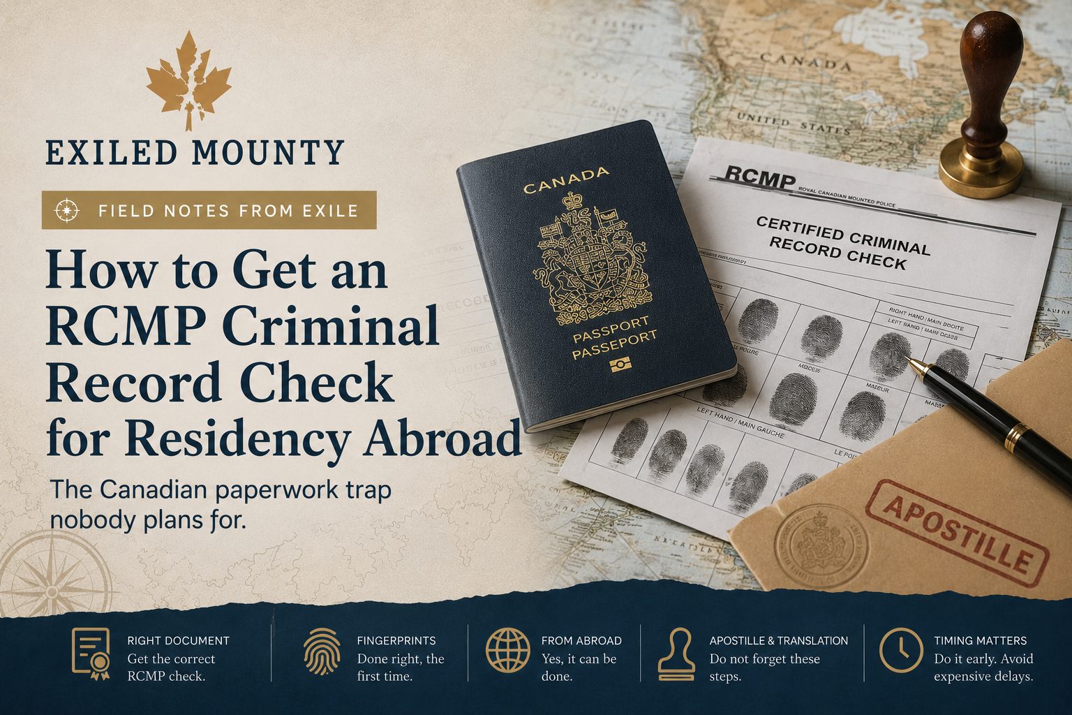 Exiled Mounty graphic for RCMP criminal record checks, fingerprints, apostille paperwork, and residency abroad