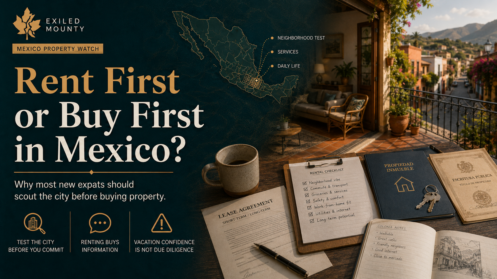 Mexico Property Watch illustration showing a rental checklist, lease agreement, property documents, and neighbourhood scouting view