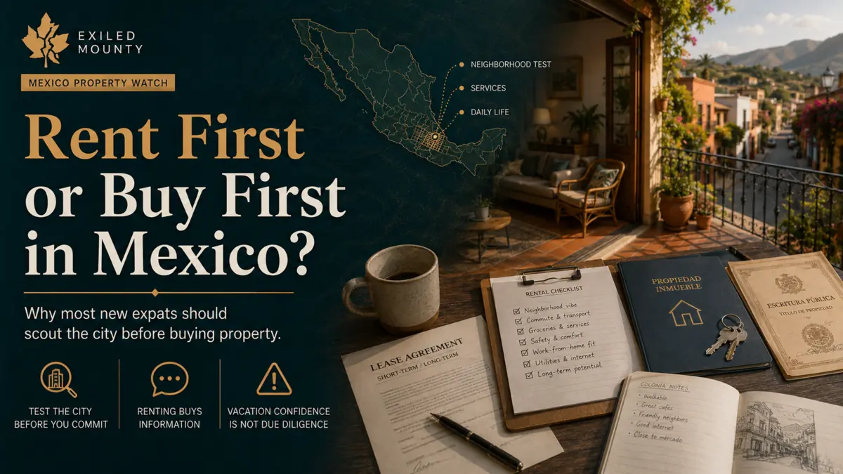 Mexico Property Watch illustration showing a rental checklist, lease agreement, property documents, and neighbourhood scouting view
