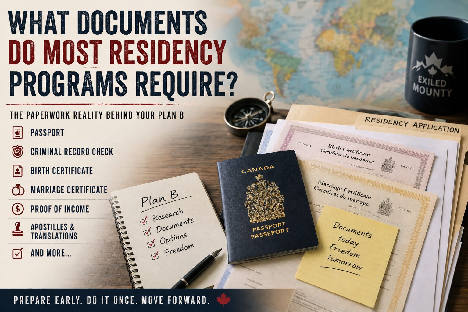 What documents do most residency programs require title graphic with passport, certificates, checklist, map, and Exiled Mounty mug