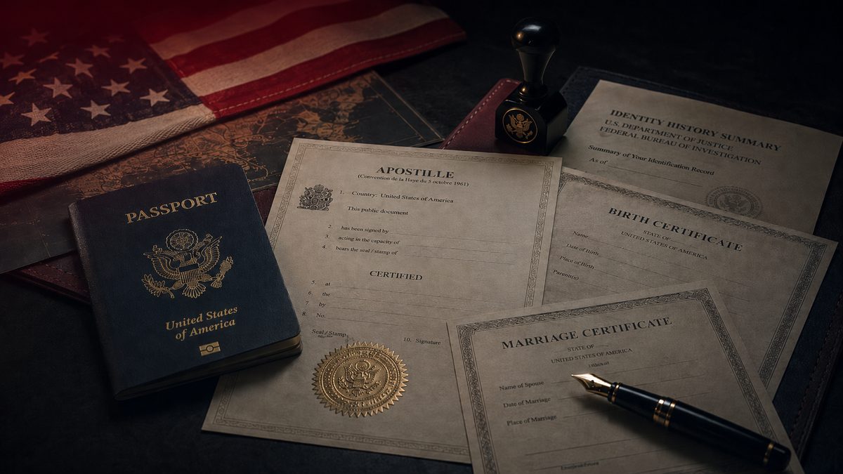 U.S. passport, apostille certificate, FBI identity history summary, birth certificate, and marriage certificate on a desk